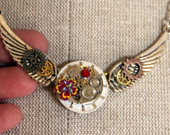 Steampunk Watch Face Necklace: Air Force Wings & Aurora Borealis Crystals