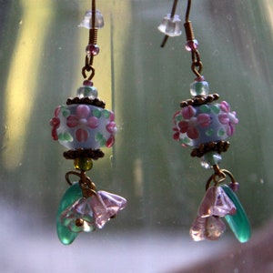 Surgical Steel Earrings- “Frosted Lampwork Flowers” frosted light green w/Pink flowers *A. B. glass flowers & leaves