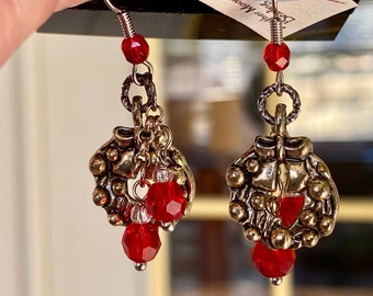 Christmas Shoppe SALE! Christmas Earrings, Pewter Wreaths w/Red  *Aurora Borealis Crystals