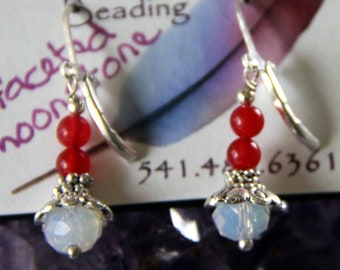 Aluminum lever back Earrings, “Faceted Moonstones" w/red beads & silver bead caps. Customization is available! Weddings are a specialty!