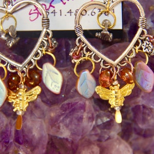 Sterling Silver Earrings “We Need Bees” w/frosty copper glass Leaves & *Aurora Borealis Crystals. 1 gold and 1 silver Bee. Iridescent leaves