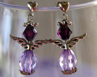 Sterling Silver hearts post Earrings, “Amethyst Angel" lavender tear drop & purple bi-cone Crystals w/silver Wings, Halo