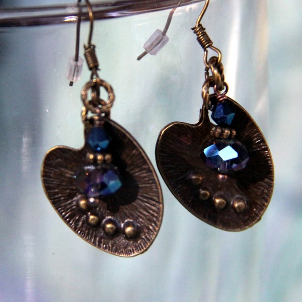 Bronze french hook Earrings, “The World is but Crayons..." Deep Blue  *Aurora Borealis Crystals w/bronze Art Palettes