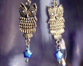 Sterling Silver french hook Earrings, “Night Owls" *Aurora Borealis Blue Stars w/silver findings & Pewter Owls