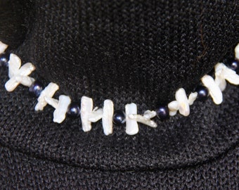 16" Pearl choker necklace. "Sticks and Stones",  Fresh water stick pearls w/dyed dark blue Cultured rounds.