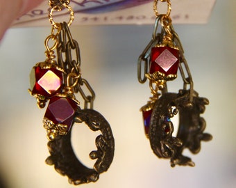 Gold filled Post Earrings, G.O.T. “The Red King” w/*Aurora Borealis X2 deep red faceted square Crystals