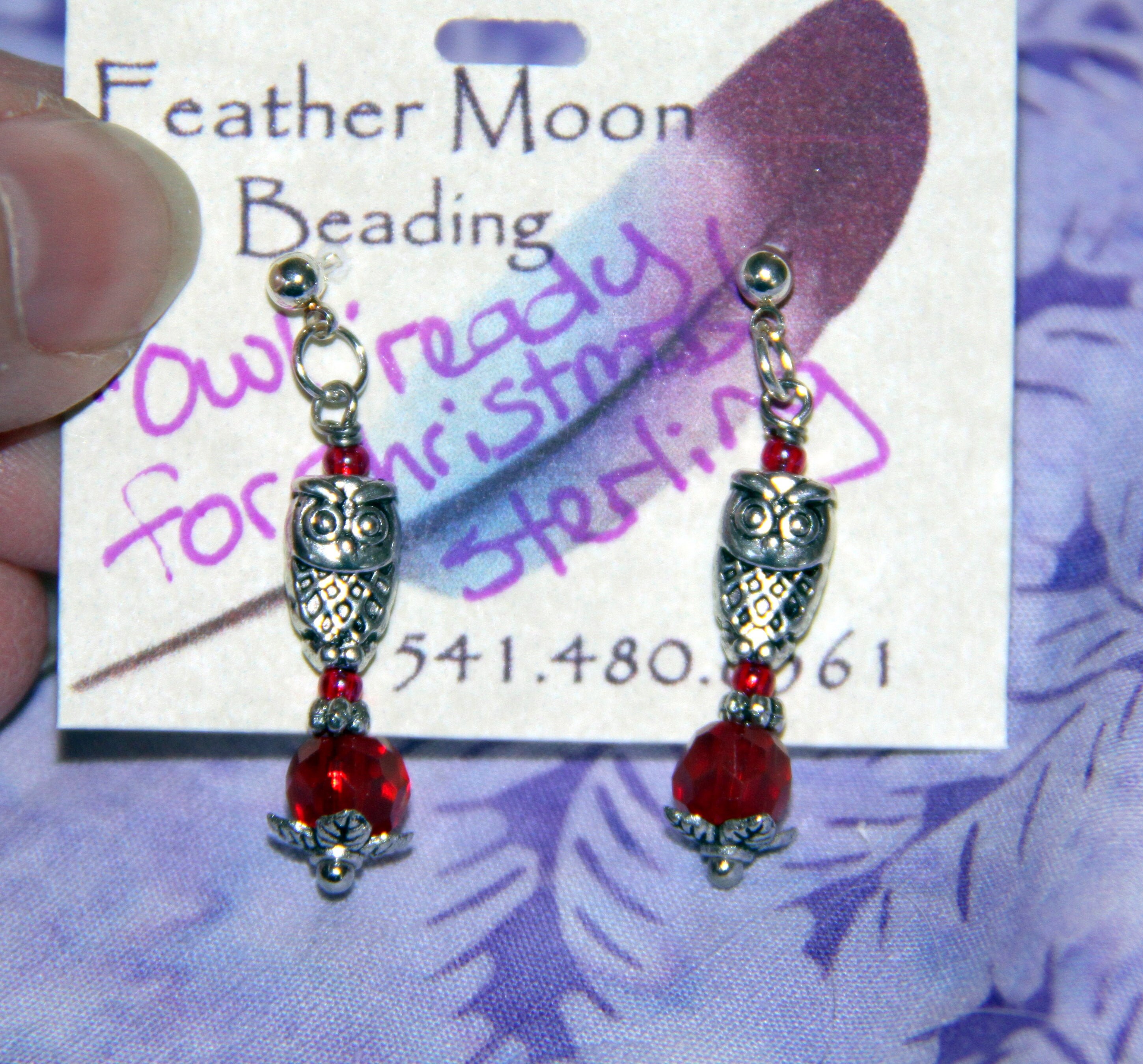 Sterling Earrings-“Crimson Owls” Sterling Silver Posts- Silver Owls w/Red *A.B. Crystals