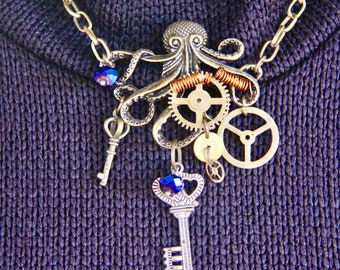 Victorian Steampunk Necklace, "Steam from the Deep" w/Watch gears, Blue Crystals! 15” Bronze Chain w/2 1/2” adjustable links