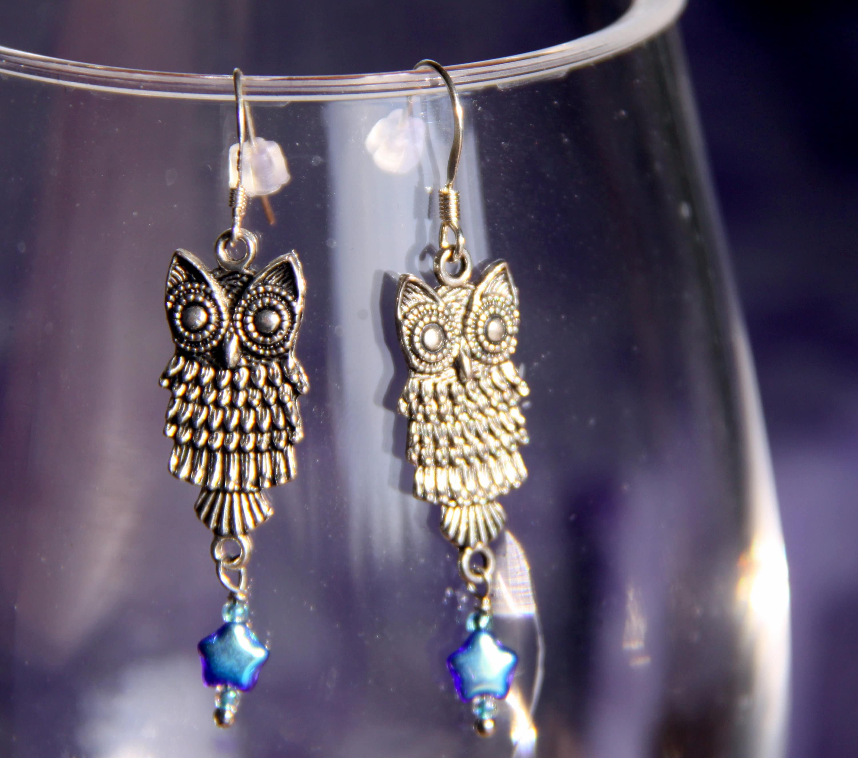 Sterling Silver Owl Earrings: Aurora Borealis Blue Star Pewter Charms
