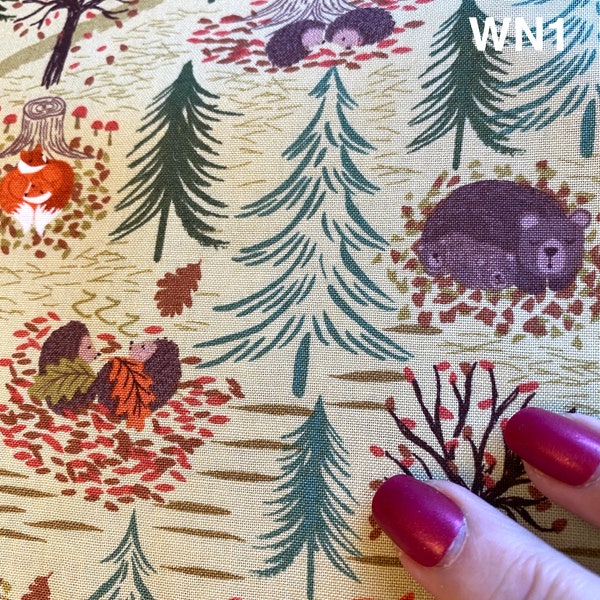 Fabric by the yard, “Winter Nap” SET of 2 by Lewis & Irene LTD - Premium Cottons Half yard, multiple Yard cuts. Bears, Foxes, Hedgehogs