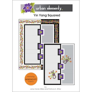 May include: A quilting pattern featuring a Yin Yang design with a black and white background. The pattern is called "Yin Yang Squared" and features a floral border. The pattern is by Jane Hardy Miller and Patricia E. Ritter and features Northcott Fabrics.