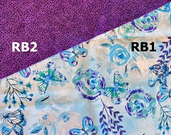 Fabric by the yard, “Roses & Butterflies” 100% Cotton Available in Half yard cuts - multiple Yards. Purple, Blue, Teal,