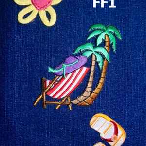 May include: Embroidered denim patch featuring a yellow flower with a pink heart center, a beach scene with a striped lounge chair, palm trees, and a pair of flip-flops. The text "FF1" is also present.