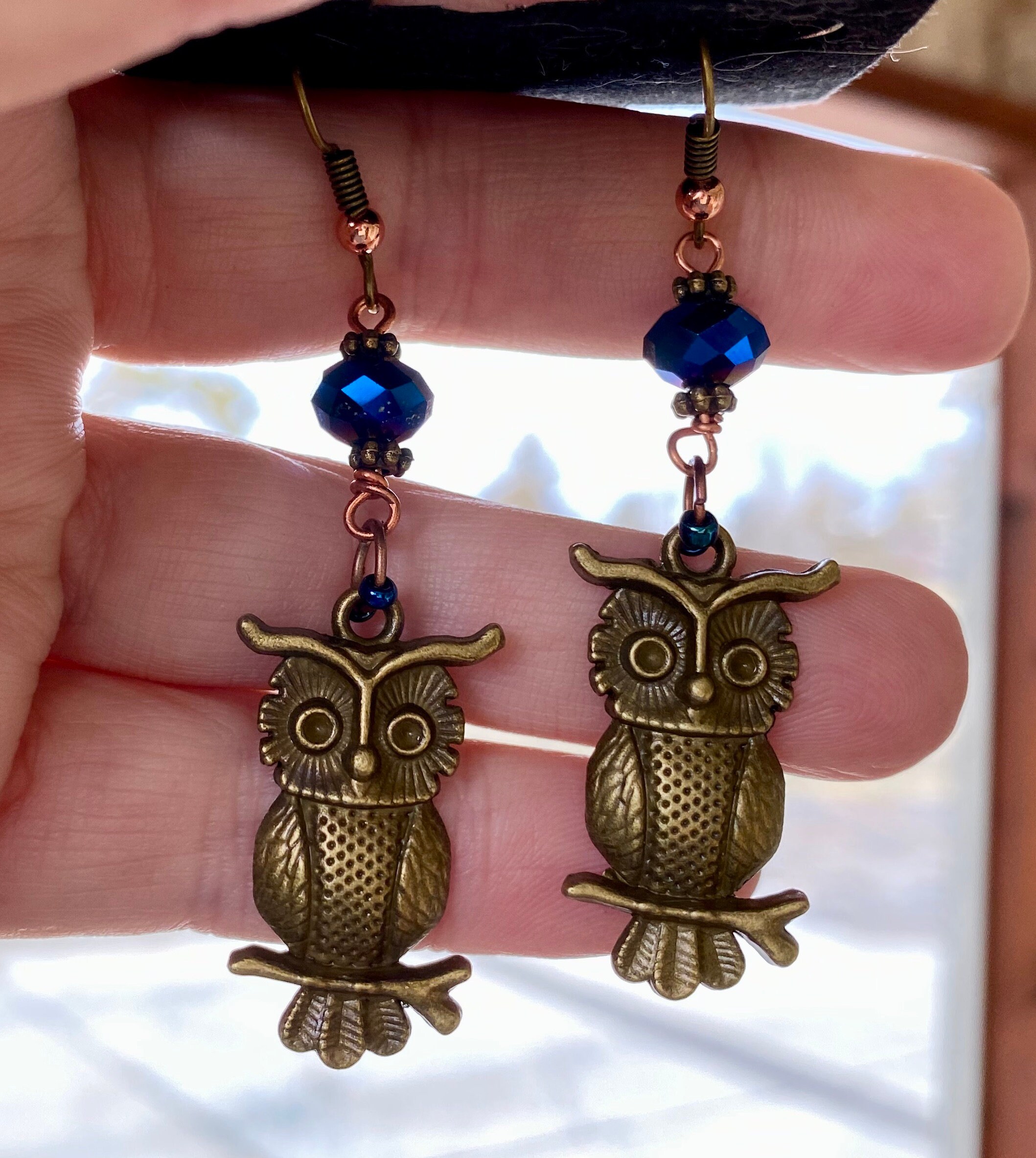 Surgical Steel Earrings &ldquo;Owl be Blue w/o You&rdquo; w/*Aurora Borealis *X2 Crystals