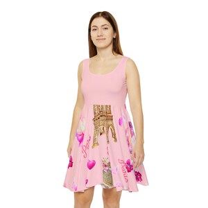 Paris Eiffel Tower Camera Pattern Skater Dress | Pink Floral Love Print