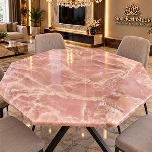 Pink Onyx Octagon Dining Table, Natural Stone Tabletop, Blush Onyx Statement Table, Luxury Gemstone Dining Table, Handmade Modern Furniture