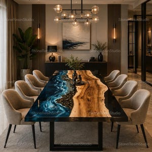 May include: A rectangular dining table featuring a live edge wood slab paired with a blue resin river inlay that mimics flowing water. The table is supported by a black metal frame and surrounded by ten upholstered chairs in a neutral beige tone.