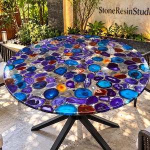 Multi Agate Round Coffee Tabletop Handmade Crystal Luxury Gemstone Modern Dining Room Custom Housewarming Furniture Decor