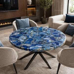 Blue Agate Stone Coffee Table Round Gemstone Table Luxury Statement Furniture Modern Living Room Decor