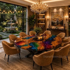 Può includere: Un grande tavolo da pranzo rotondo con bordo in legno naturale e un centro in resina multicolore con motivo a gradiente arcobaleno. Il tavolo è sostenuto da una base in metallo nero ed è circondato da otto sedie imbottite color beige.