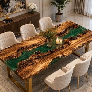 Op de afbeelding: Een rechthoekige eettafel met een houten blad met natuurlijke randen en een centraal rivierontwerp van doorschijnende groene hars. De tafel staat op goudkleurige metalen poten en is omringd door zes crèmekleurige gestoffeerde stoelen.