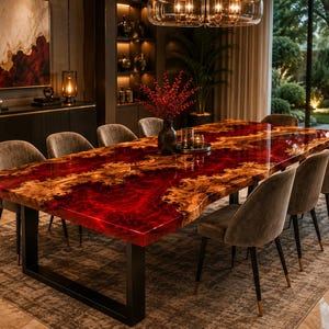 May include: A rectangular dining table featuring a live-edge wood slab with a vibrant, glossy red resin inlay running through the center. The table is supported by a black metal frame and is surrounded by eight grey upholstered chairs with black legs.