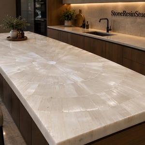 May include: A large kitchen island countertop featuring a polished white stone surface with a radial, sunburst-like pattern of inlaid segments. The countertop is rectangular with a thick edge, set atop dark brown cabinetry in a kitchen space.