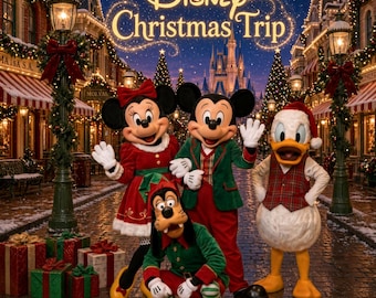 Peut inclure: Une illustration numérique montrant Minnie, Mickey, Donald et Dingo en tenues de fête sur une rue pavée. Le texte Disney Christmas Trip est affiché au-dessus des personnages avec un château en arrière-plan.