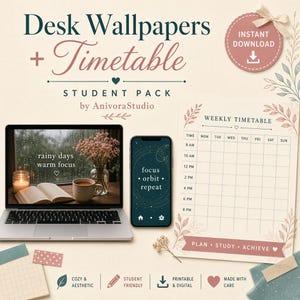 Peut inclure: Un pack étudiant numérique comprenant un ordinateur portable avec un fond d'écran de fenêtre pluvieuse, un smartphone à interface céleste et un emploi du temps hebdomadaire imprimable. Inclut les textes Desk Wallpapers + Timetable et Plan Study Achieve.