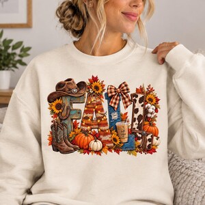 Western-Herbst-PNG, Buchstaben im Patchwork-Stil, Kürbisschleife, Sonnenblumen-Herbst-Shirt-Grafik, Thanksgiving-Design, Transparenter PNG-Download
