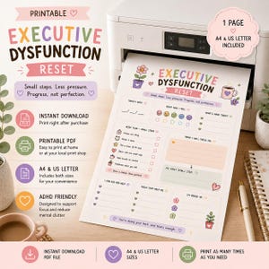 Printable Executive Dysfunction Reset worksheet in a soft pastel floral design with mood check-in, small-step reset plan, daily focus, task breakdown, support tools and reflection sections. ADHD-friendly one-page planner available as A4 and US Letter PDF.