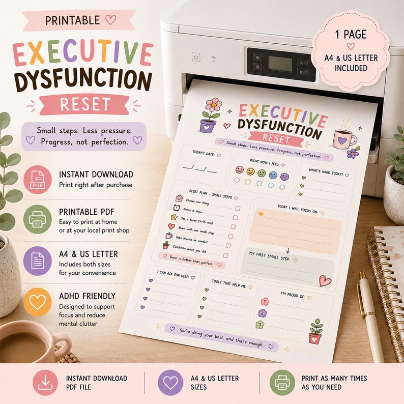 Printable Executive Dysfunction Reset worksheet in a soft pastel floral design with mood check-in, small-step reset plan, daily focus, task breakdown, support tools and reflection sections. ADHD-friendly one-page planner available as A4 and US Letter PDF.