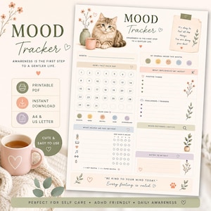 May include: A printable mood tracker sheet featuring a fluffy cat illustration, a monthly calendar with numbered circles, colour-coded mood indicators, sections for tracking influences, habits, and notes, with the text Mood Tracker and Be kind to your mind today.