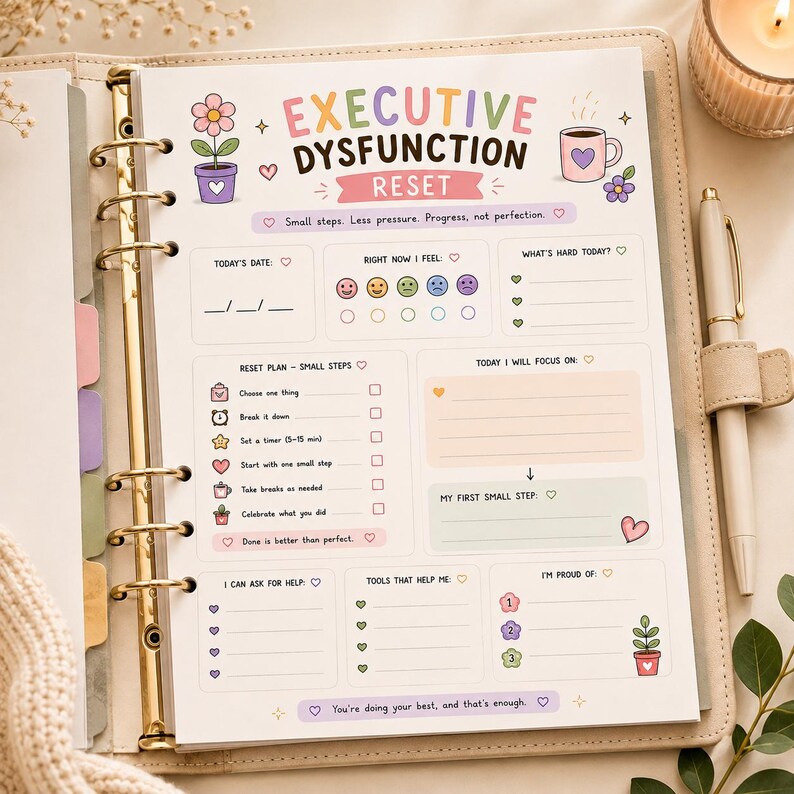 May include: A planner page titled Executive Dysfunction Reset with pastel illustrations of a flower and coffee mug. The layout includes sections for date, mood tracking, reset plan steps, focus goals, and lists for help, tools, and accomplishments.