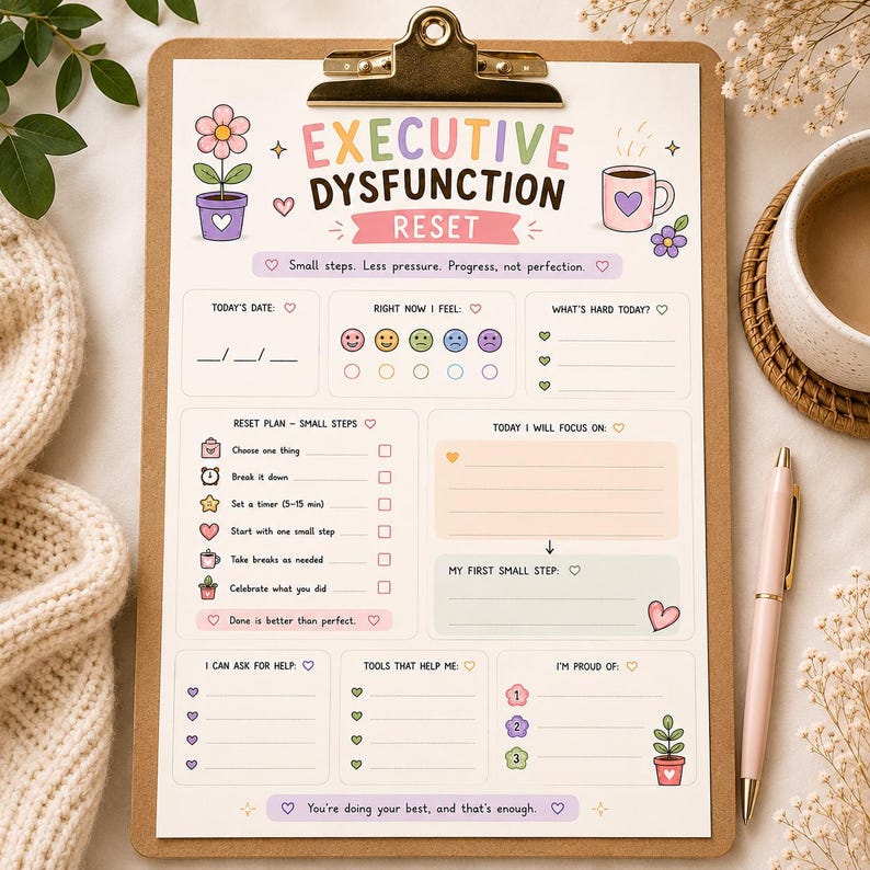 May include: A paper planner sheet on a wooden clipboard titled Executive Dysfunction Reset. It features sections for date, mood, tasks, and goals with pastel illustrations of flowers and a coffee mug. Text includes Small steps. Less pressure. Progress, not perfection.