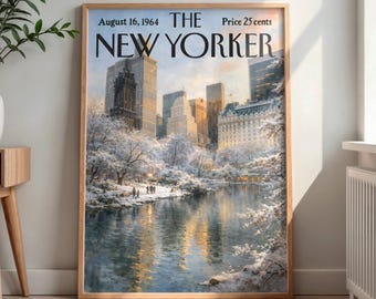 May include: A framed print of The New Yorker magazine cover dated August 16, 1964, featuring a snowy cityscape with tall buildings, bare trees covered in snow, and a reflective body of water in the foreground under a soft, golden-toned sky.