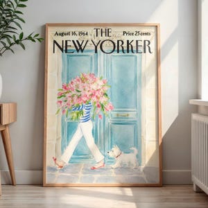 May include: A framed wall art print of a New Yorker magazine cover dated August 16, 1964. The illustration depicts a person in a blue and white striped shirt and white trousers carrying a large bouquet of pink flowers, accompanied by a white dog.