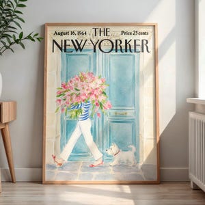 May include: A framed print of a New Yorker magazine cover dated August 16, 1964. It features a person in a blue and white striped shirt and white trousers carrying a large bouquet of pink flowers, walking past a blue door with a small white dog.