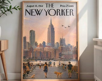 May include: A framed magazine cover titled The New Yorker, dated August 16, 1964, priced at 25 cents. The illustration depicts a New York City skyline at sunset with people walking along a waterfront promenade, including a person walking a dog.