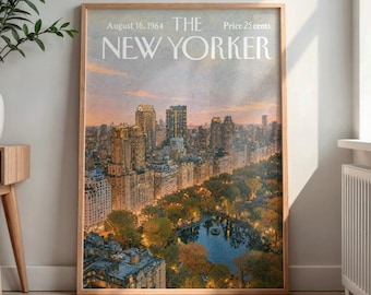 May include: A framed wall art print of a vintage The New Yorker magazine cover dated August 16, 1964. The illustration depicts a high-angle view of a city skyline at dusk, featuring tall buildings, a park with trees, and a central pond.