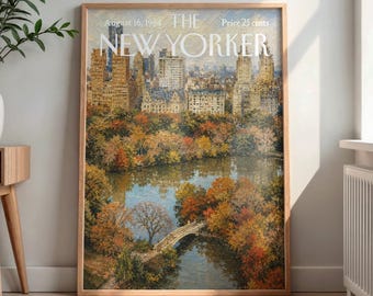 May include: A framed print of The New Yorker magazine cover dated August 16, 1964, featuring an oil painting of a New York City park with a stone bridge over a pond, surrounded by autumn trees and tall city buildings in the background.