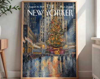 May include: A framed print of a New Yorker magazine cover dated August 16, 1964, featuring an impressionistic painting of a large, illuminated Christmas tree in a city plaza with a crowd of people and reflections on the wet ground.