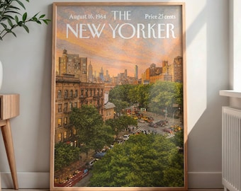 May include: A framed print of The New Yorker magazine cover dated August 16, 1964, priced at 25 cents. The artwork depicts a New York City street scene at sunset with brownstone buildings, lush green trees, and a distant skyline under a warm sky.