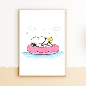 Snoopy Sommer Pool Kinderzimmer Poster, Baby Mädchen Zimmer Wand Kunst, Snoopy Woodstock Float Print, Rosa Kinderzimmer Dekor, Baby-Dusche-Geschenk, Kleinkind Zimmer