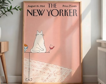 Vintage New Yorker Poster | Retro White Cat Wine Glass Pink Print | Funny Feline Wall Art | Mid-Century Magazine Cover
