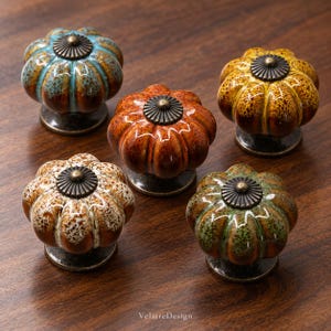 Ceramic Pumpkin Cabinet Knobs, Vintage Drawer Pulls, Colorful Dresser Knobs, Rustic Kitchen Cupboard Handles, Cottage Furniture Hardware