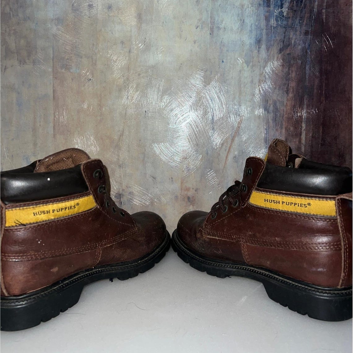 Vintage Hush Puppies Work Boots Mens 38 Brown Good Weathered Leather 90s Utility, foto 3 di 5