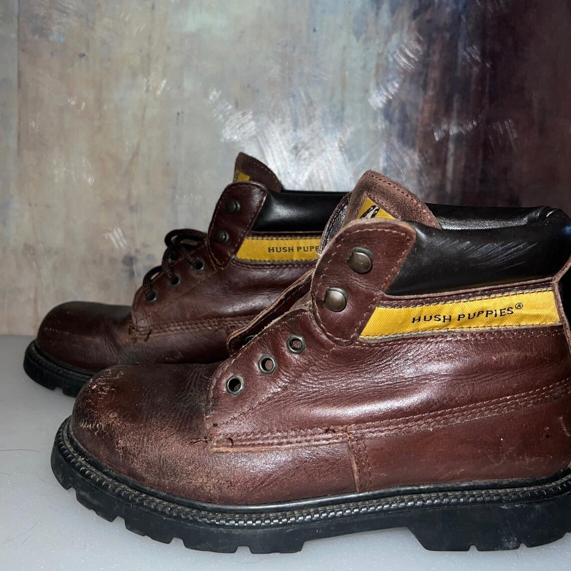 Vintage Hush Puppies Work Boots Mens 38 Brown Good Weathered Leather 90s Utility, foto 2 di 5