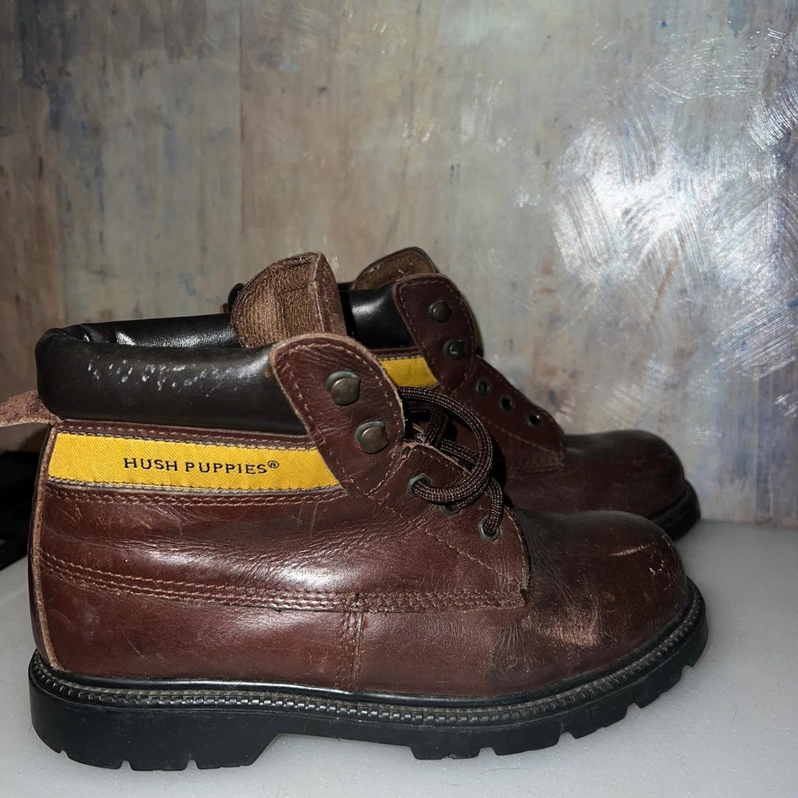 Vintage Hush Puppies Work Boots Mens 38 Brown Good Weathered Leather 90s Utility, foto 4 di 5