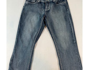 Y2K Love Indigo Premium Capri Jeans Womens 10 Blue Excellent Rhinestone Cross